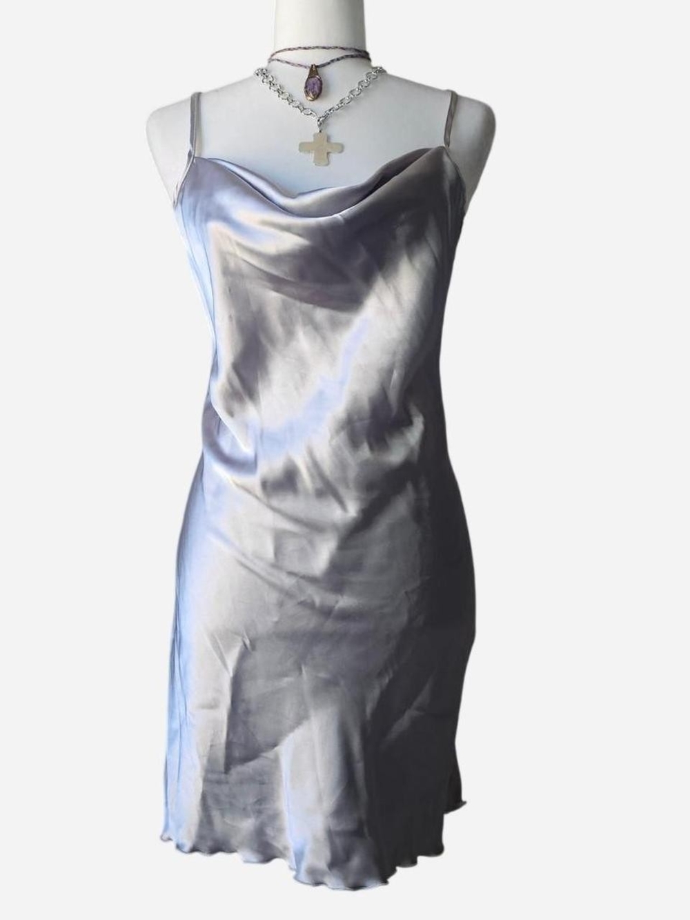 Y2K BEBE Liquid Silver Satin Cowl Neck Slip Dress - Medium
